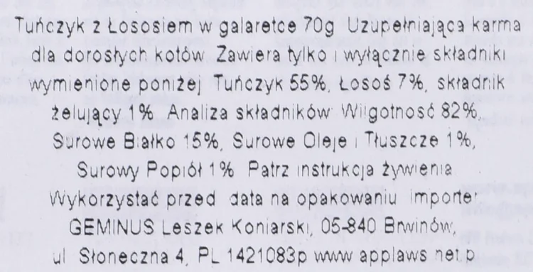 APPLAWS CAT Tuńczyk z Łososiem w galaretce - karma dla kota w saszetce - 70g