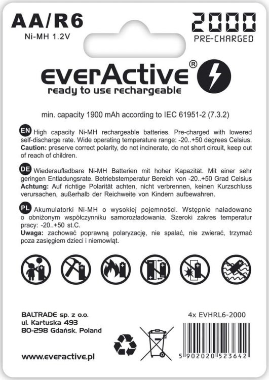 Zestaw akumulatorków everActive EVHRL6-2000 (2000mAh ; Ni-MH)