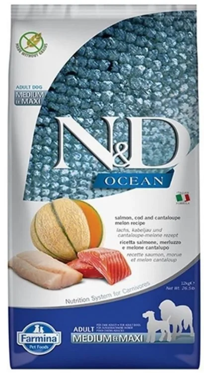 FARMINA N&D OCEAN DOG SALMON,COD&CANTALOUPE MELON MEDIUM MAXI 12kg