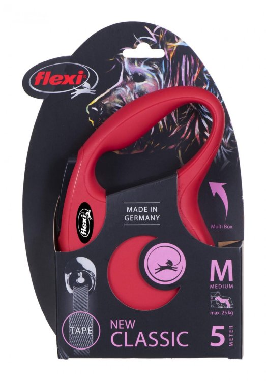 FLEXI Smycz automatyczna NEW CLASSIC M taśma kolor: czerwony - 5m - do 25kg