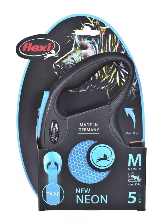 Smycz FLEXI automatyczna New Neon M taśma 5 m kol. niebieski