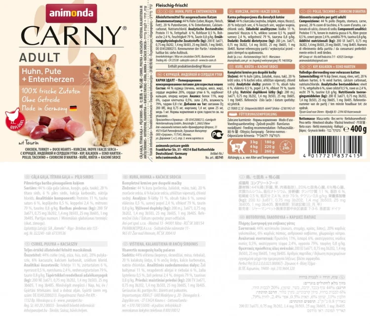 ANIMONDA Carny Adult smak: kurczak, indyk, kacze serca - karma mokra dla kota - 400g