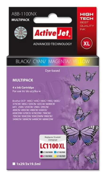 Activejet ABB-1100NX Tusz  (zamiennik Brother LC1100/980; Supreme; 1 x 29 ml, 3 x 19.5 ml; czarny, czerwony, niebieski, żółty)