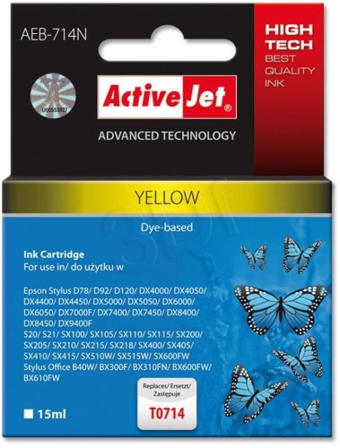 Tusz Activejet AEB-714N (zamiennik Epson T0714, T0894, T1004; Supreme; 15 ml; żółty)