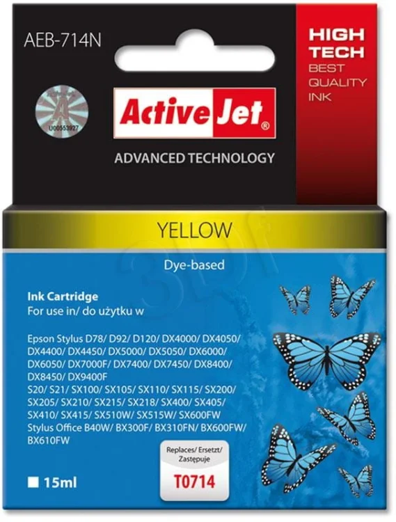 Tusz Activejet AEB-714N (zamiennik Epson T0714, T0894, T1004; Supreme; 15 ml; żółty)