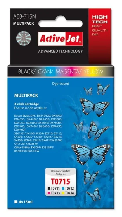 Tusz Activejet AEB-715N (zamiennik Epson T0715; Supreme; 4 x 15 ml; czarny, czerwony, niebieski, żółty)