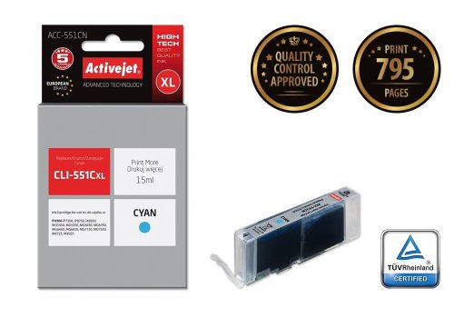 Tusz Activejet ACC-551CN (zamiennik Canon CLI-551C; Supreme; 15 ml; niebieski)
