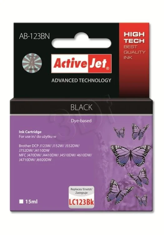 Activejet AB-123BN Tusz  (zamiennik Brother LC123BK/121BK; Supreme; 15 ml; czarny)