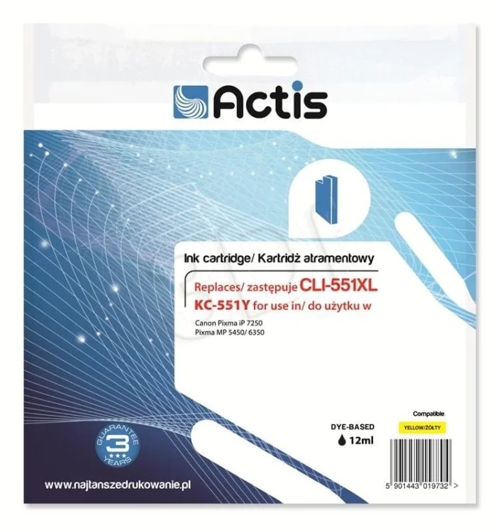 Tusz ACTIS KC-551Y (zamiennik Canon CLI-551Y; Standard; 12 ml; żółty)