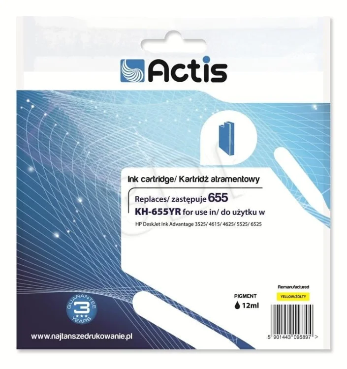 Tusz ACTIS KH-655YR (zamiennik HP 655 CZ112AE; Standard; 12 ml; żółty)