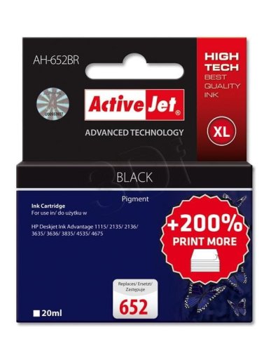 Tusz Activejet AH-652BR (zamiennik HP 652 F6V25AE; Premium; 20 ml; czarny)