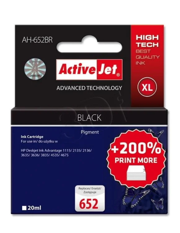 Tusz Activejet AH-652BR (zamiennik HP 652 F6V25AE; Premium; 20 ml; czarny)