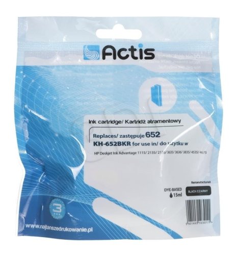 Tusz ACTIS KH-652BKR (zamiennik HP 652 F6V25AE; Standard; 15 ml; czarny)