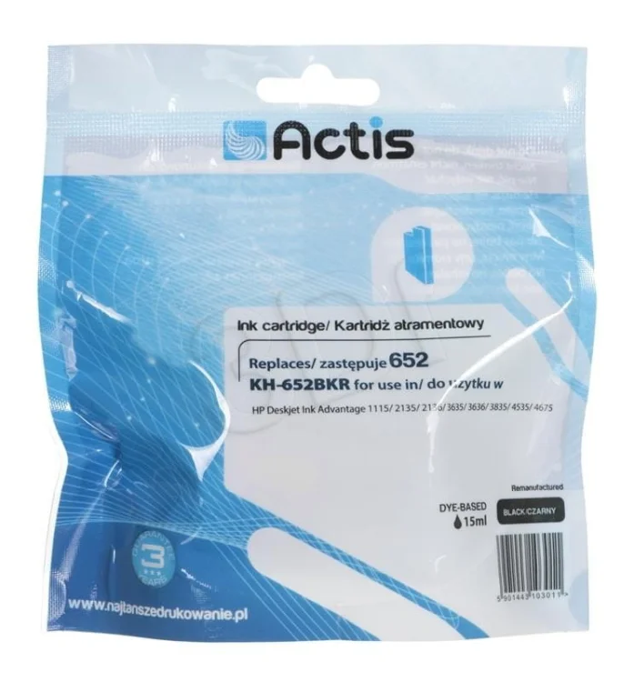 Tusz ACTIS KH-652BKR (zamiennik HP 652 F6V25AE; Standard; 15 ml; czarny)