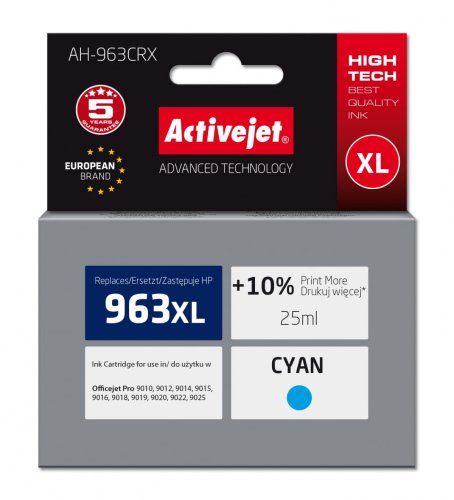 Tusz Activejet AH-963CRX (zamiennik HP 963XL 3JA27AE; Premium; 1760 stron; niebieski)