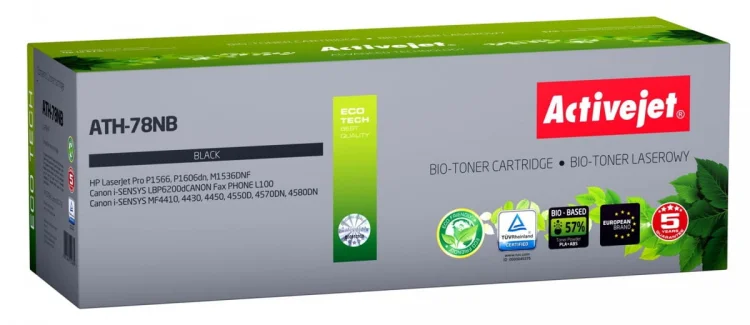 BIO Toner Activejet ATH-78NB (zamiennik HP 78A CE278A, Canon CRG-728; Supreme; 2500 stron; czarny). ECO Toner. Proszek w tonerze jest biodegradowalny.