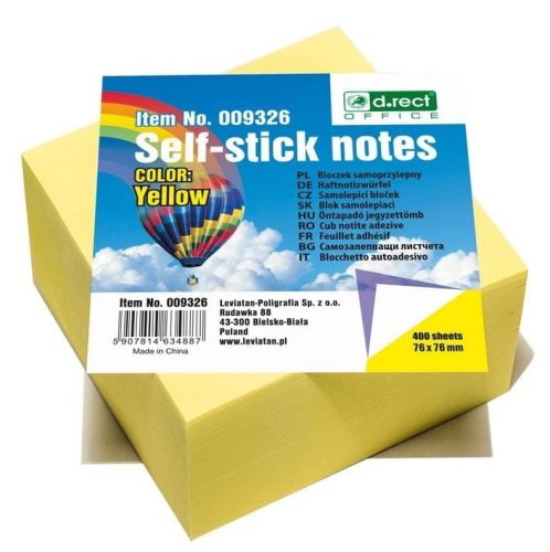 Bloczek samoprzylepny 76x76mm żółty 400 D.RECT