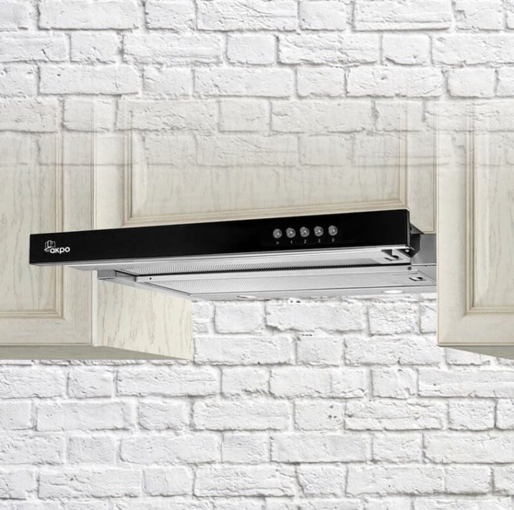 Okap podszafkowy teleskopowy AKPO WK-7 LIGHT GLASS 50 INOX CZARNY (265,5 m3/h; 500mm; kolor inox, front czarne szkło)
