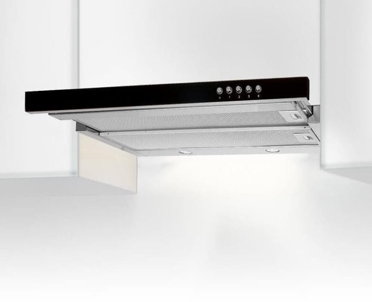 Okap podszafkowy teleskopowy AKPO WK-7 LIGHT GLASS 50 INOX CZARNY (265,5 m3/h; 500mm; kolor inox, front czarne szkło)
