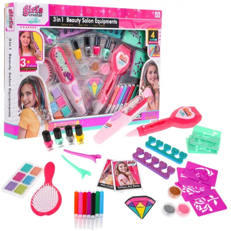 Mega zestaw do stylizacji 3w1 dla dziewczynki – Kolorowe włosy + Manicure + Tatuaże