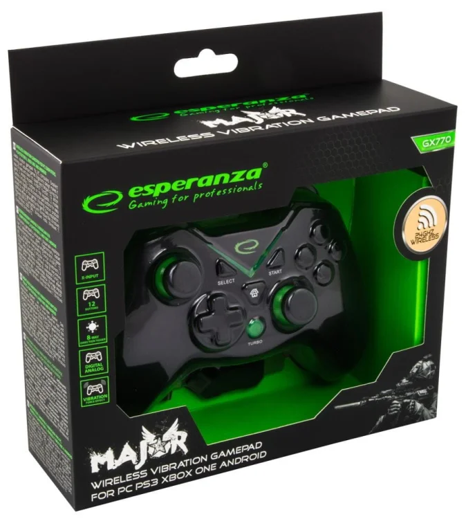 Gamepad bezprzewodowy Esperanza EGG112K (Android, PC, PS3, Xbox One; kolor czarny, kolor zielony)