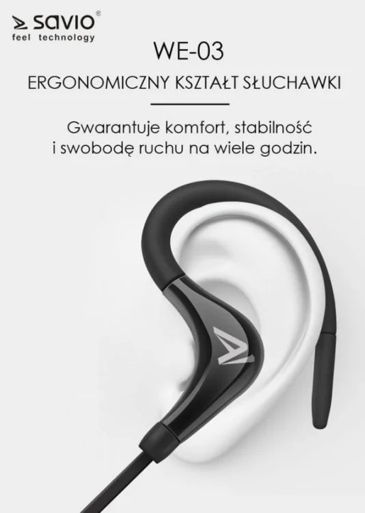 Słuchawki bezprzewodowe, z mikrofonem, ze słuchawkami SAVIO WE-03 (dokanałowe, sportowe; bezprzewodowe, Bluetooth; z wbudowanym mikrofonem; kolor czar