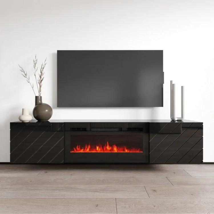 Szafka RTV LUXE 182,6x34,5x37,5 czarny/czarny połysk + czarny kominek