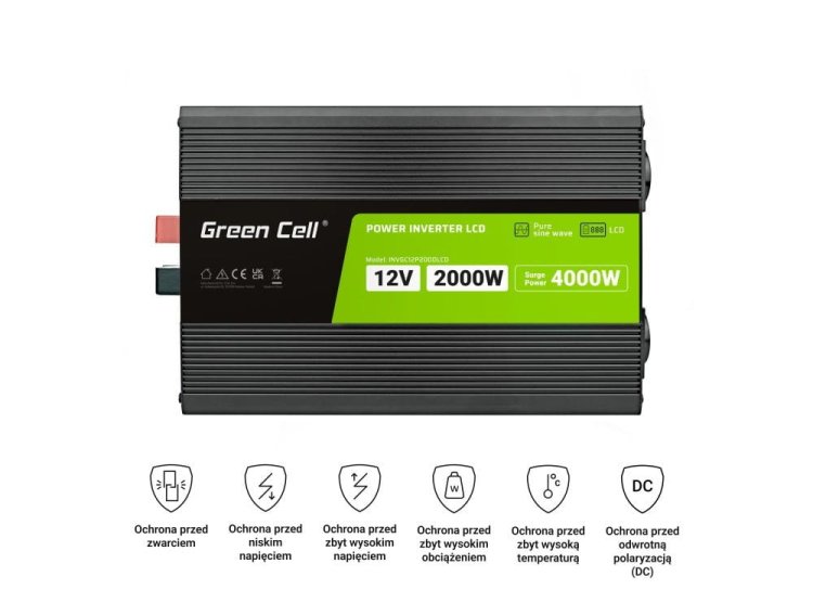 GREEN CELL PRZETWORNICA LCD 12V/230V 2000W/4000W CZYSTY SINUS INVGC12P2000LCD