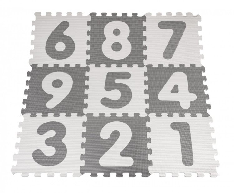 Mata biało-szara z 9 Puzzli dla dzieci 10m+ Wyjmowane cyfry litery + Pianka EVA + Powłoka antybakteryjna Ag+