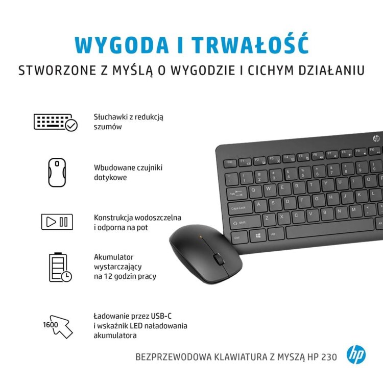 Zestaw klawiatura + mysz HP 230 Wireless Mouse and Keyboard Combo bezprzewodowe czarne 18H24AA