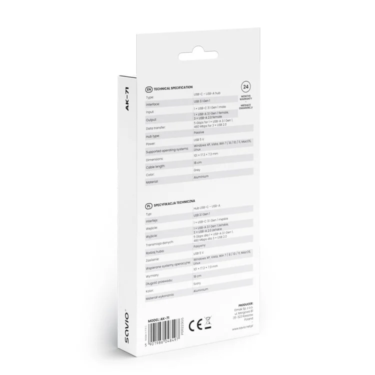 SAVIO HUB USB-C - 3 X USB-A 2.0, 1 X USB-A 3.0, SZARY, AK-71