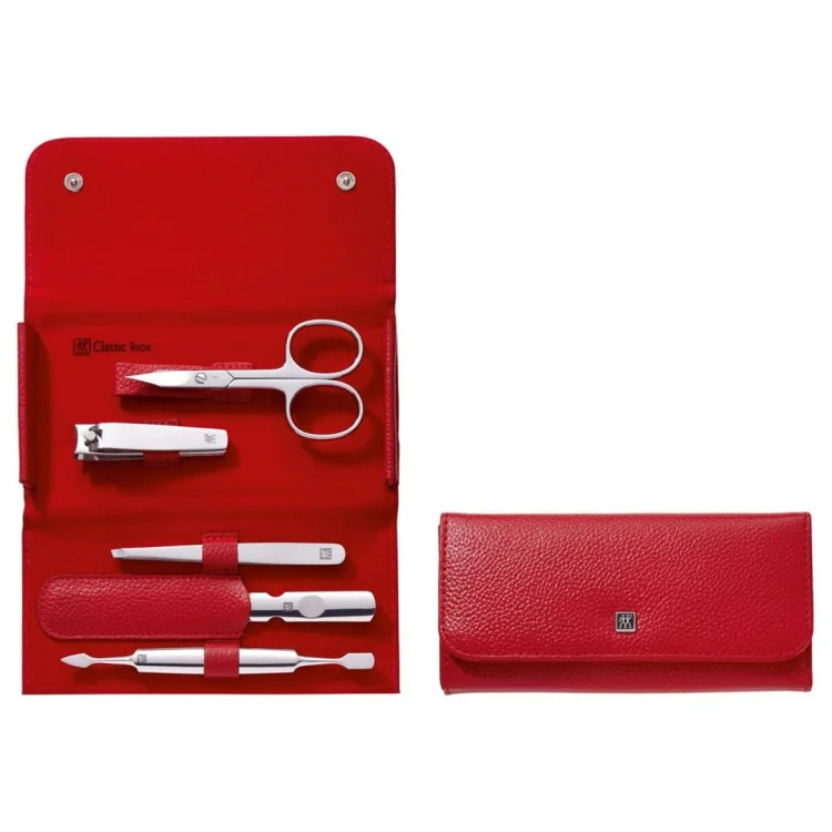 Zestaw do manicure Zwilling Classic Inox – skórzane etui, 5 elementów - Czerwony