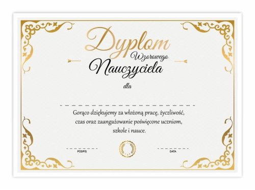 Dyplom A4 wzorowego nauczyciela - złoto 10szt