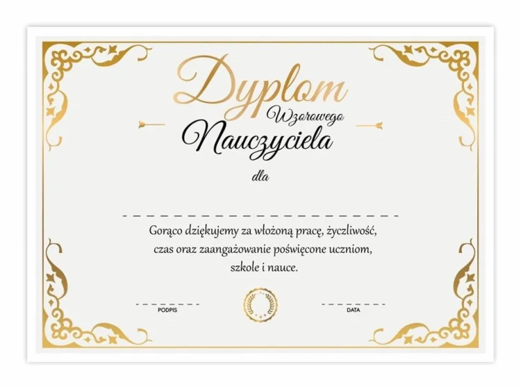 Dyplom A4 wzorowego nauczyciela - złoto 10szt