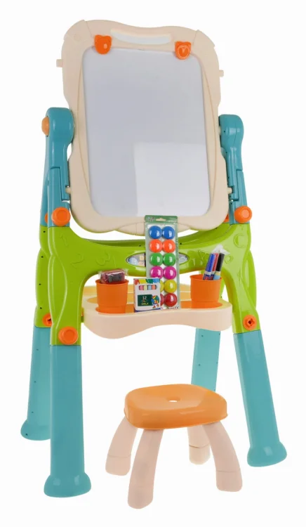 Tablica 2w1 magnetyczno-kredowa dla dzieci 3+ Akcesoria + Regulacja wysokości + Taboret + Półka + Pisaki Kreda