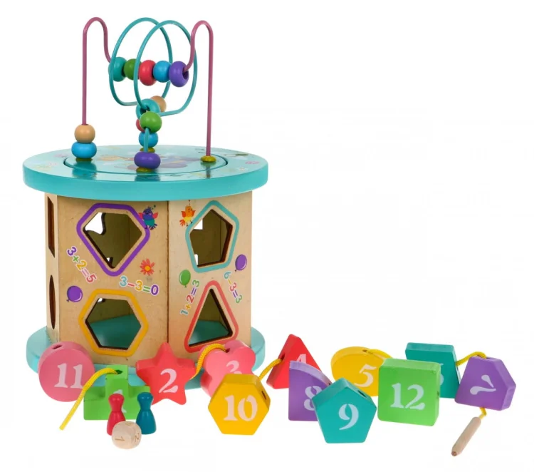 Drewniana multikostka edukacyjna 4w1 dla dzieci– sorter przeplatanka planszówka