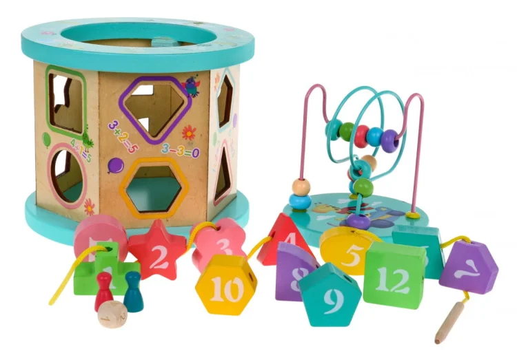 Drewniana multikostka edukacyjna 4w1 dla dzieci– sorter przeplatanka planszówka