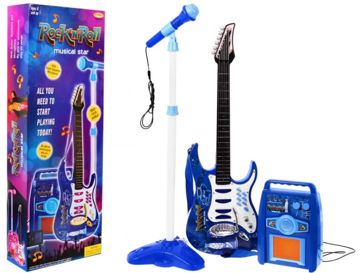 Gitara z akcesoriami dla dzieci 6+ Niebieski zestaw muzyczny Wzmacniacz  + Mikrofon