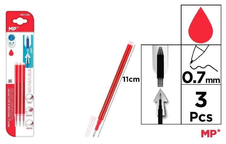 Wkłady do długopisów ścieralnych czerw. 0.7mm 3szt