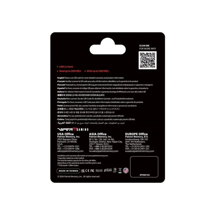 Dysk SSD Patriot PVP30 512GB 1000MB/s USB Duo A+C 3.2 Gen2 Alu