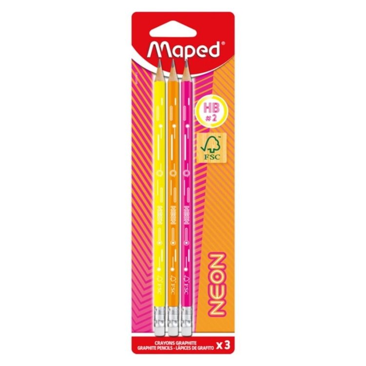Ołówek z gumką HB neon 3szt MAPED