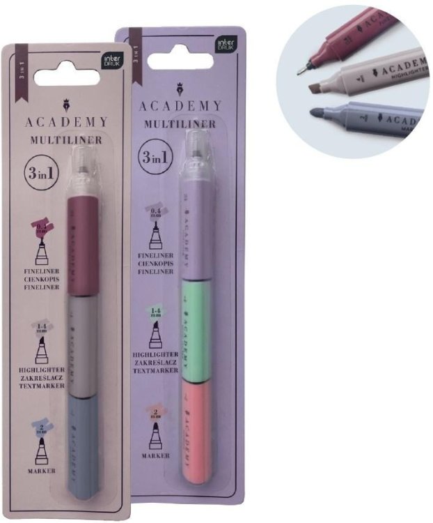Marker + zakreślacze + cienkopis 3w1 Academy mix