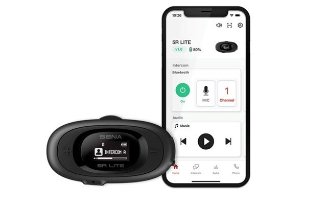 Interkom motocyklowy Sena 5R-01D 5R Lite Bluetooth 5.1 700m z wyświetlaczem LCD i uniwersalnym zestawem mikrofonów na 2 kaski