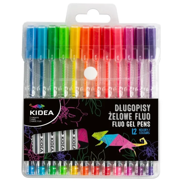 Długopisy żelowe fluo 12 kolorów KIDEA