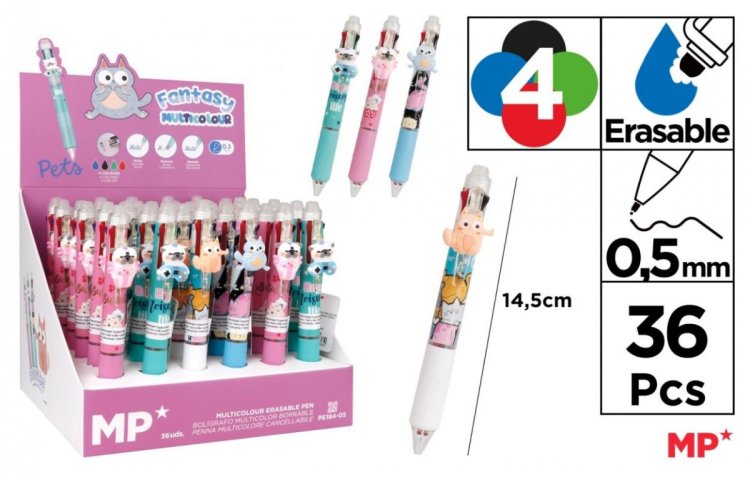 Długopis ścieralny 4-kolorowy Psy i Koty (36szt)