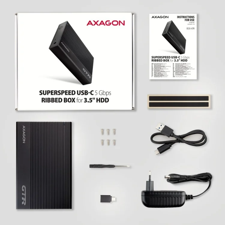 AXAGON EE35-GTR USB-C 3.2 Gen 1 - SATA 6G, Obudowa Zewnętrznego Dysku Twardego 3.5", Ryflowana - Czarna