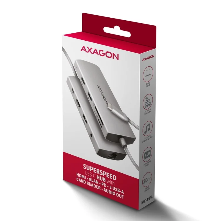 AXAGON HMC-8HLSA Wieloportowy koncentrator USB-C 3.2 Gen 1, 3x USB-A + 4K/60Hz HDMI + SD/microSD, Gigabit LAN, Audio, PD 100W - Srebrny