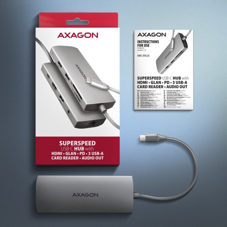 AXAGON HMC-8HLSA Wieloportowy koncentrator USB-C 3.2 Gen 1, 3x USB-A + 4K/60Hz HDMI + SD/microSD, Gigabit LAN, Audio, PD 100W - Srebrny