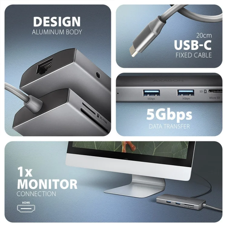 AXAGON HMC-8HLSA Wieloportowy koncentrator USB-C 3.2 Gen 1, 3x USB-A + 4K/60Hz HDMI + SD/microSD, Gigabit LAN, Audio, PD 100W - Srebrny