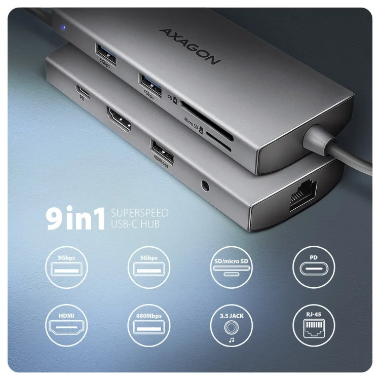 AXAGON HMC-8HLSA Wieloportowy koncentrator USB-C 3.2 Gen 1, 3x USB-A + 4K/60Hz HDMI + SD/microSD, Gigabit LAN, Audio, PD 100W - Srebrny